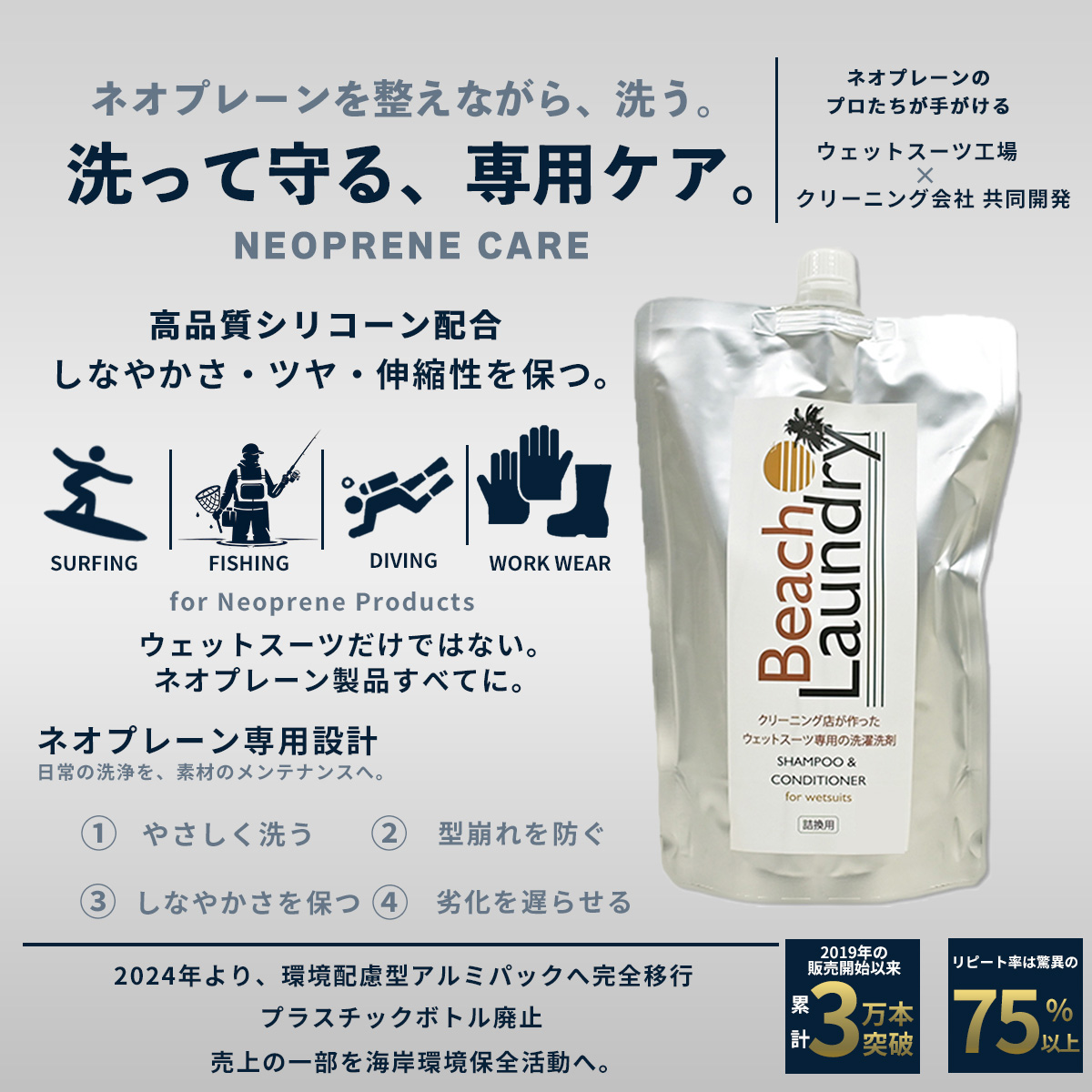 BEACH LAUNDRY ネオプレーン専用ケア洗剤 6Lセット フローラル（ウェットスーツシャンプー／2L×3袋）