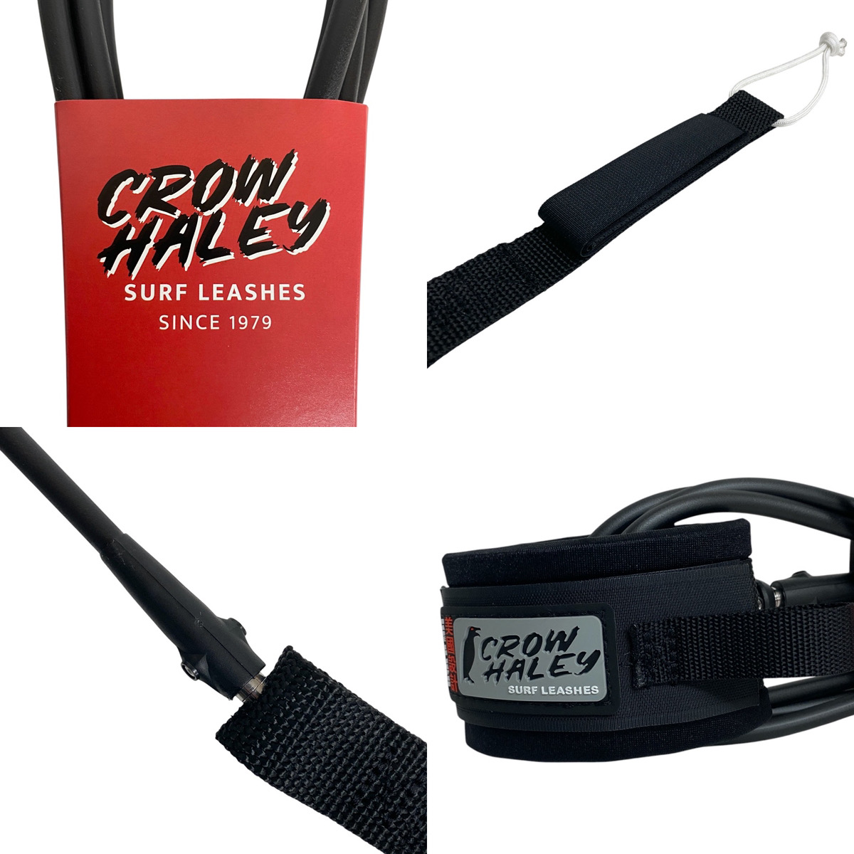 CROW HALEY SURF LEASHES 9ʼ6” KNEE / COMP / REGULAR / 5.5mm / 7mm サーフリーシュ カスタムサイズ MATTE BLACK Designed in USA Made in Japan